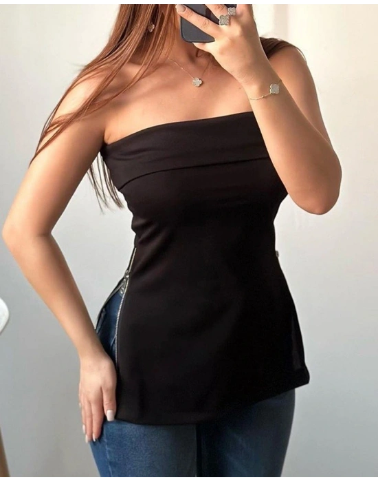 Kadın Kolsuz Iki Yanı Fermuarlı Straplez Dalgıç Bluz