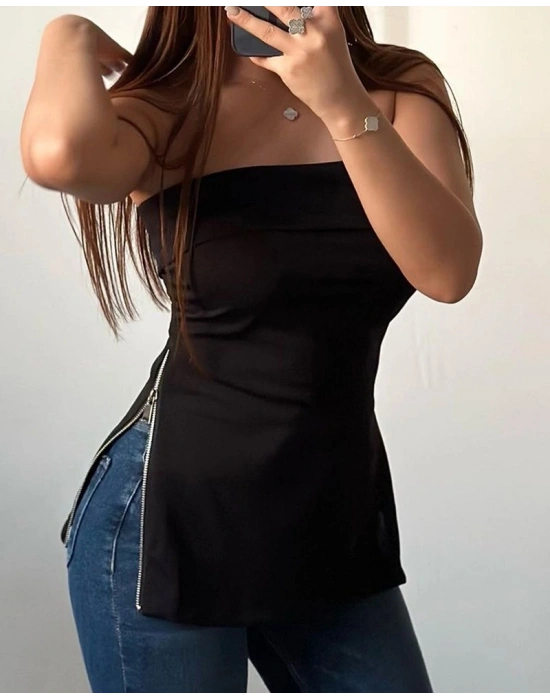 Kadın Kolsuz Iki Yanı Fermuarlı Straplez Dalgıç Bluz