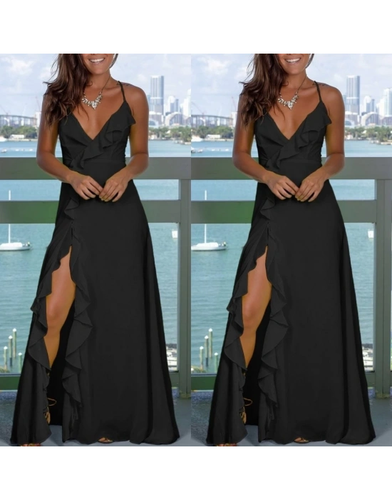 Kadın Kolsuz Ip Askılı Dekolteli Yırtmaç Detay Krep Elbise