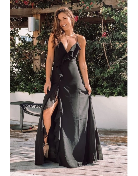 Kadın Kolsuz Ip Askılı Dekolteli Yırtmaç Detay Krep Elbise