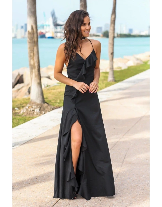 Kadın Kolsuz Ip Askılı Dekolteli Yırtmaç Detay Krep Elbise