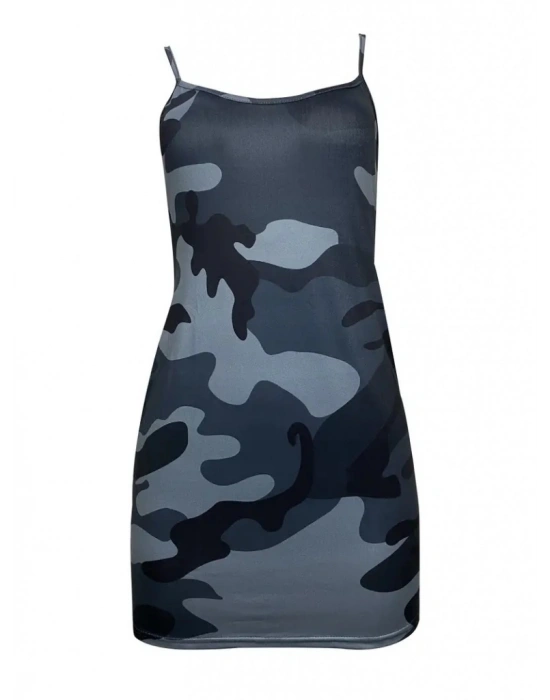 Kadın Kolsuz Ip Askılı Kamuflaj Baskılı Viskon Elbise