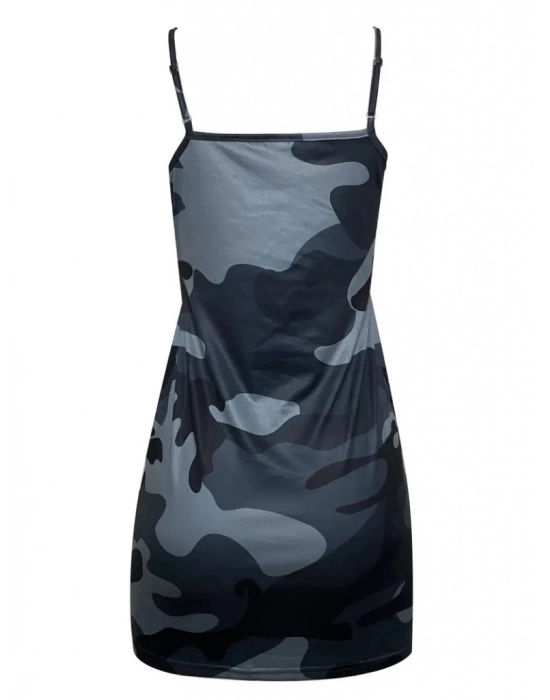 Kadın Kolsuz Ip Askılı Kamuflaj Baskılı Viskon Elbise