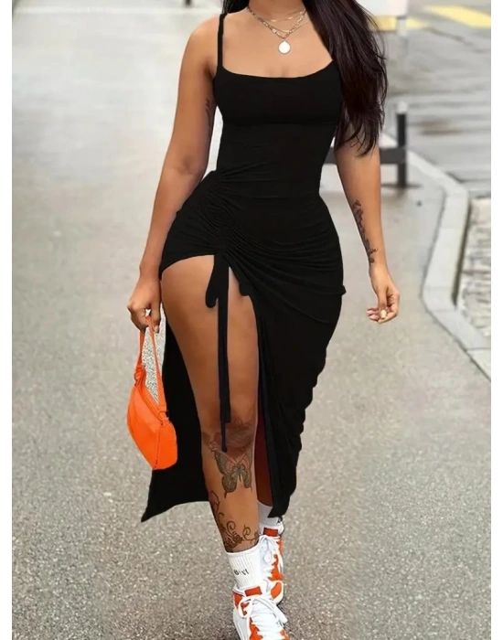 Kadın Kolsuz Ip Askılı Yandan Asansör Büzgülü Uzun Viskon Elbise