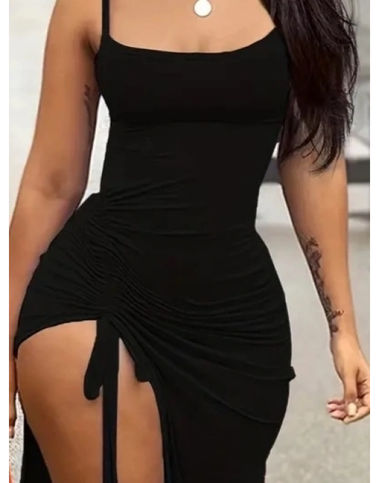 Kadın Kolsuz Ip Askılı Yandan Asansör Büzgülü Uzun Viskon Elbise