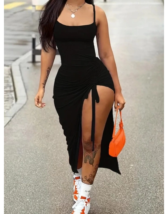 Kadın Kolsuz Ip Askılı Yandan Asansör Büzgülü Uzun Viskon Elbise