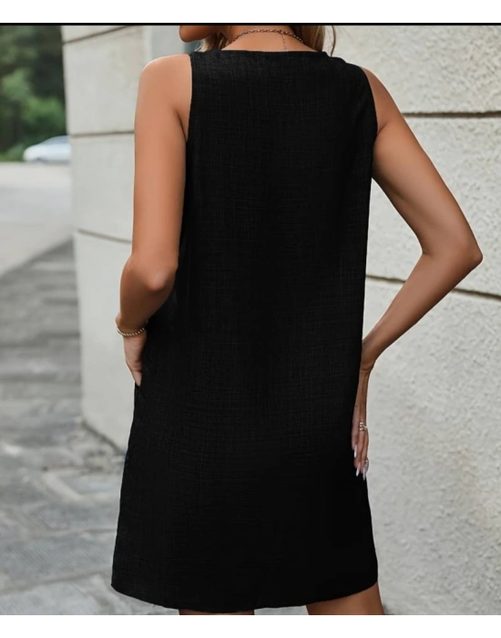 Kadın Kolsuz Kalın Askılı Düğme Detay Cepli Keten Elbise