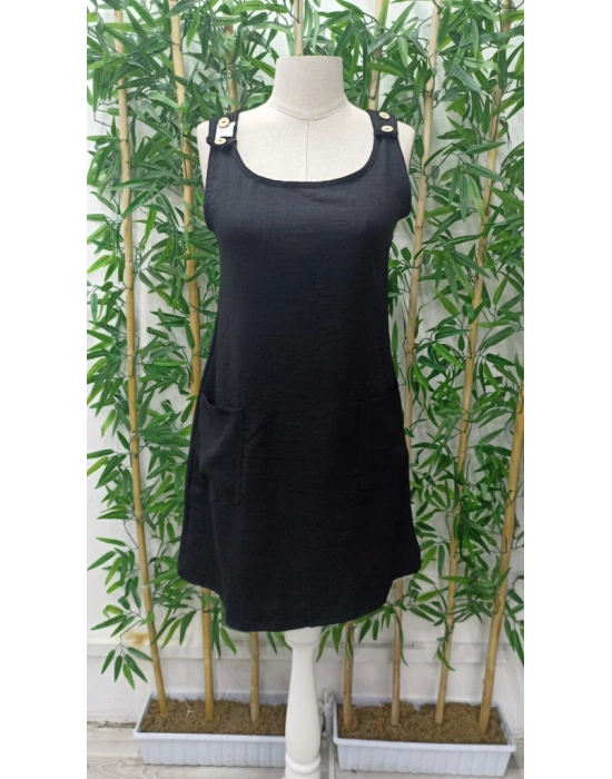 Kadın Kolsuz Kalın Askılı Düğme Detay Cepli Keten Elbise