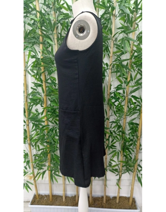 Kadın Kolsuz Kalın Askılı Düğme Detay Cepli Keten Elbise