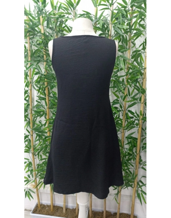 Kadın Kolsuz Kalın Askılı Düğme Detay Cepli Keten Elbise