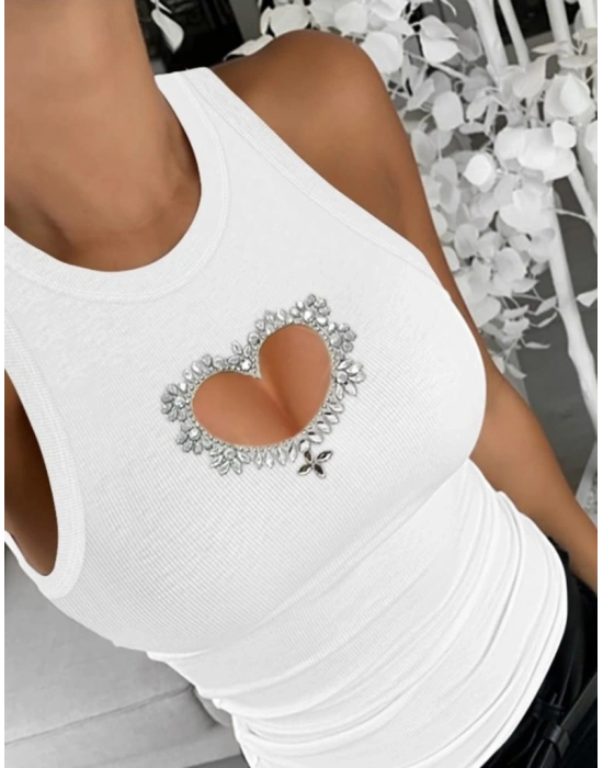 Kadın Kolsuz Kalp Dekolteli Taş Detaylı Kaşkorse Bluz