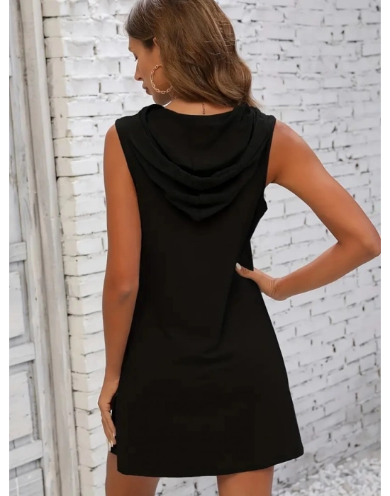 Kadın Kolsuz Kapşonlu Uzun Viskon Elbise