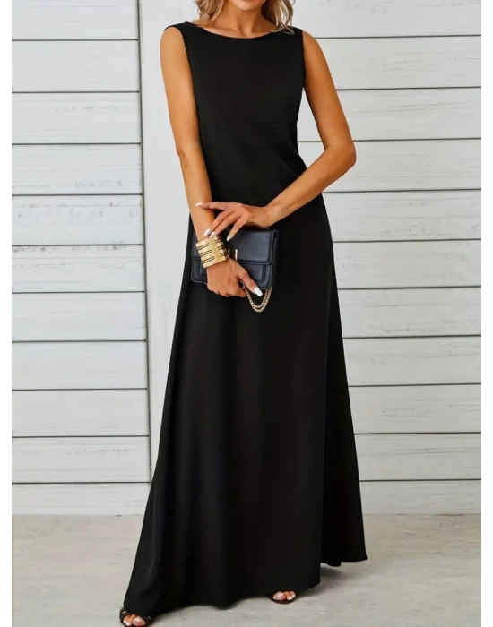 Kadın Kolsuz Kayık Yaka Maksi Janjan Krep Elbise