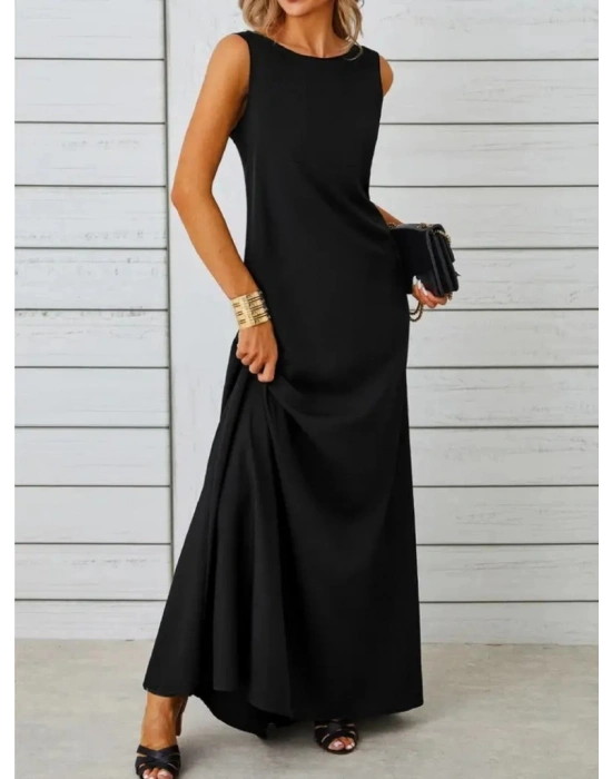 Kadın Kolsuz Kayık Yaka Maksi Janjan Krep Elbise