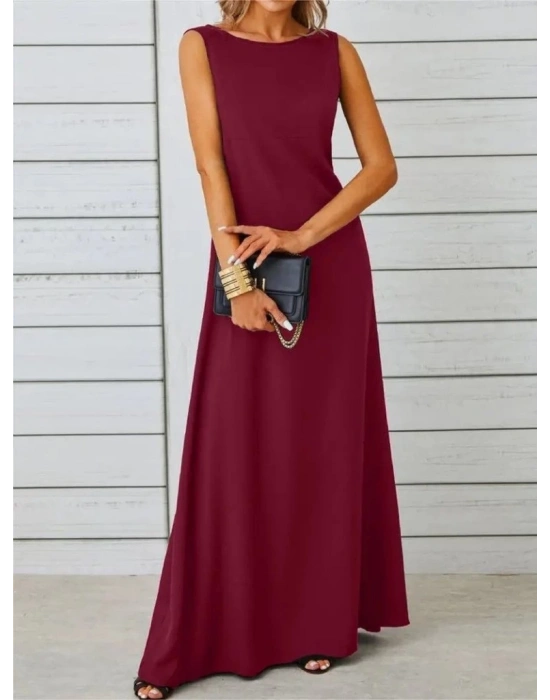 Kadın Kolsuz Kayık Yaka Maksi Janjan Krep Elbise