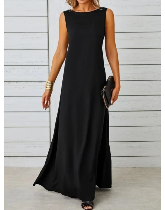 Kadın Kolsuz Kayık Yaka Maksi Janjan Krep Elbise