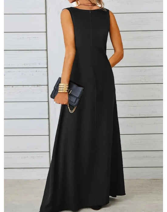 Kadın Kolsuz Kayık Yaka Maksi Janjan Krep Elbise