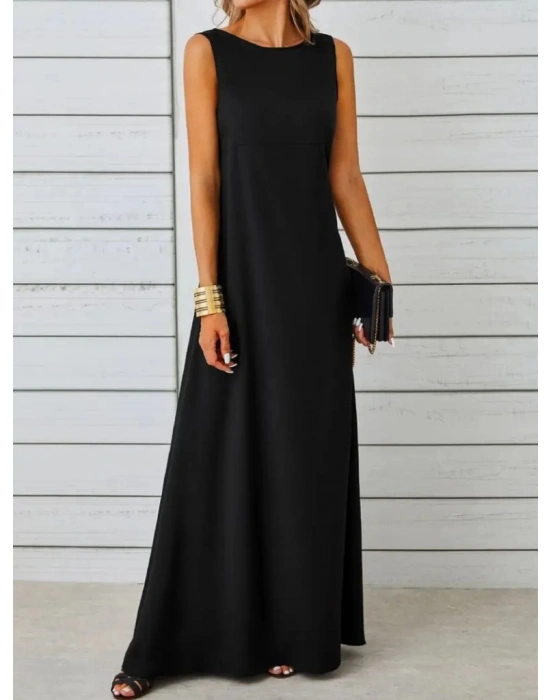 Kadın Kolsuz Kayık Yaka Maksi Janjan Krep Elbise