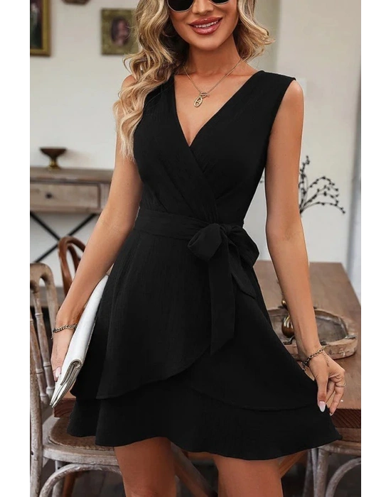 Kadın Kolsuz Kruvaze Yakalı Belden Kuşaklı Janjan Krep Elbise