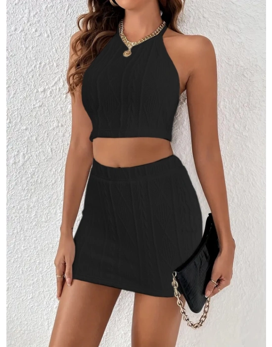 Kadın Kolsuz Mini Erer Crop Ikili Triko Takım