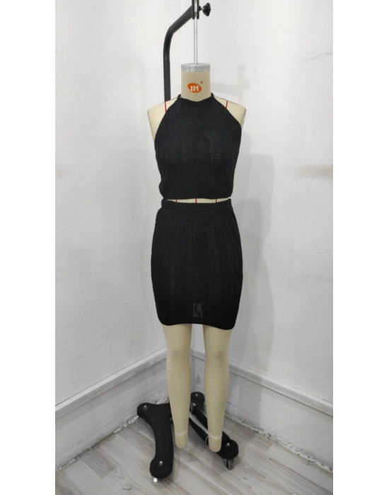 Kadın Kolsuz Mini Erer Crop Ikili Triko Takım