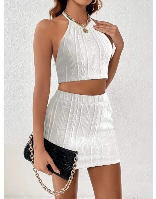 Kadın Kolsuz Mini Erer Crop Ikili Triko Takım