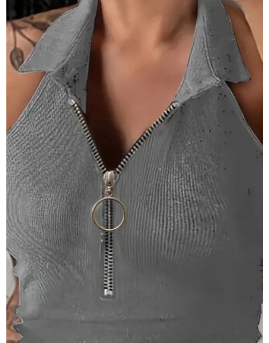 Kadın Kolsuz Polo Yaka önü Fermuarlı Kaşkorse Bluz