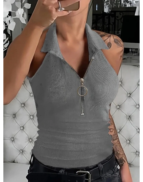 Kadın Kolsuz Polo Yaka önü Fermuarlı Kaşkorse Bluz