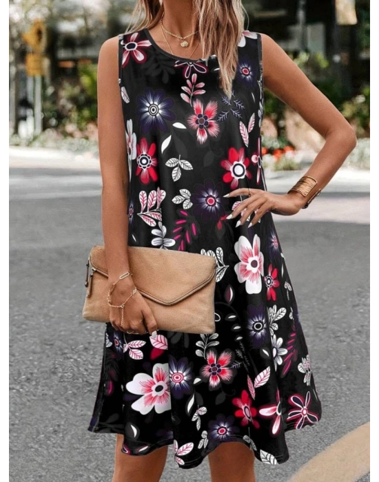 Kadın Kolsuz Renkli çiçek Baskılı Süprem Elbise