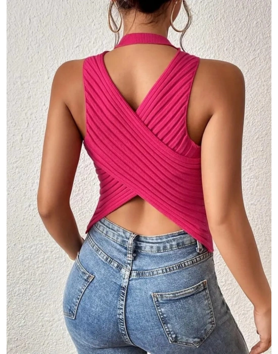 Kadın Kolsuz Sırt çapraz Detay Triko Bluz