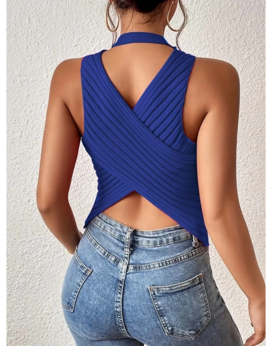 Kadın Kolsuz Sırt çapraz Detay Triko Bluz