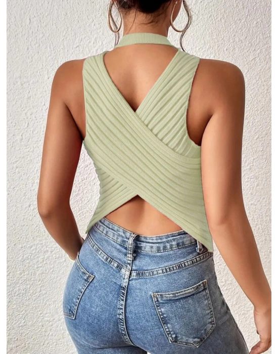 Kadın Kolsuz Sırt çapraz Detay Triko Bluz