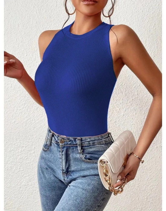 Kadın Kolsuz Sırt çapraz Detay Triko Bluz