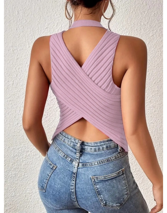 Kadın Kolsuz Sırt çapraz Detay Triko Bluz