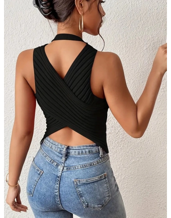 Kadın Kolsuz Sırt çapraz Detay Triko Bluz