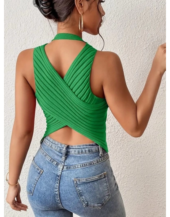 Kadın Kolsuz Sırt çapraz Detay Triko Bluz