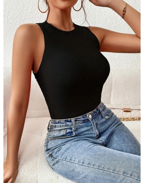 Kadın Kolsuz Sırt çapraz Detay Triko Bluz