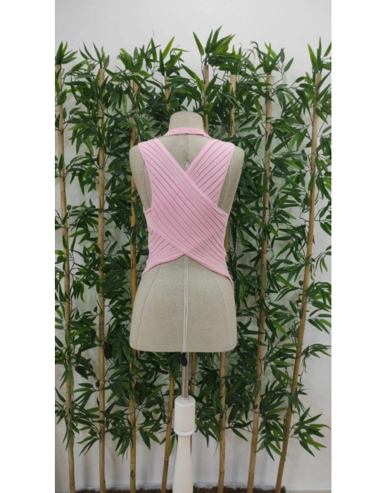 Kadın Kolsuz Sırt çapraz Detay Triko Bluz