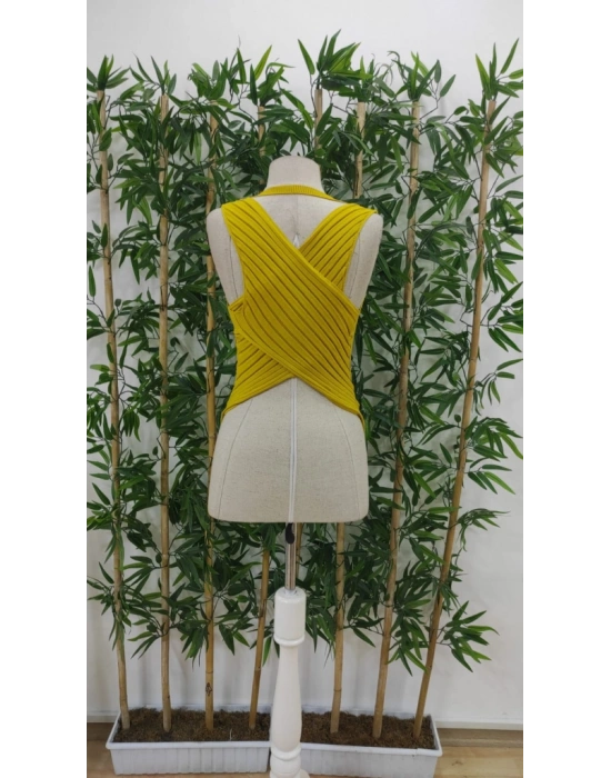 Kadın Kolsuz Sırt çapraz Detay Triko Bluz