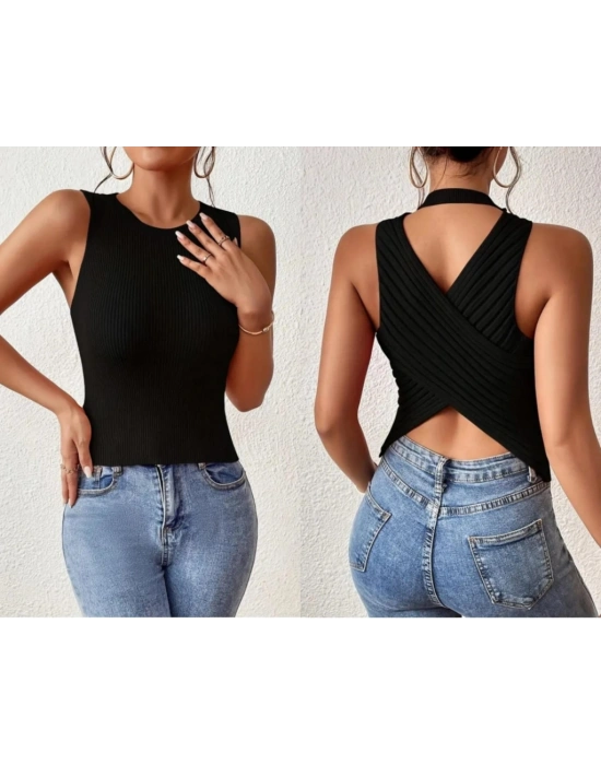 Kadın Kolsuz Sırt çapraz Detay Triko Bluz