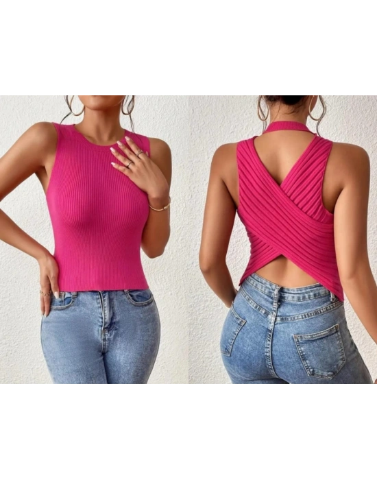 Kadın Kolsuz Sırt çapraz Detay Triko Bluz