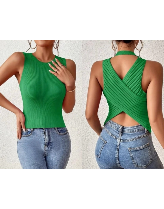 Kadın Kolsuz Sırt çapraz Detay Triko Bluz