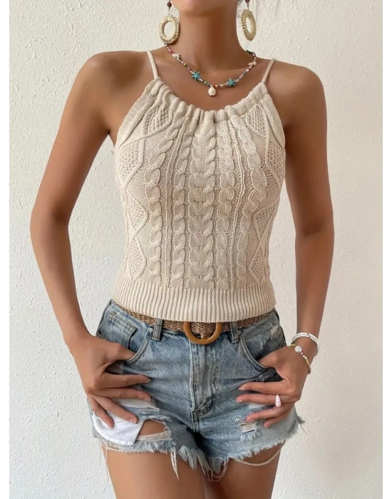 Kadın Kolsuz Sırt Dekolte Detay Askılı Triko Bluz