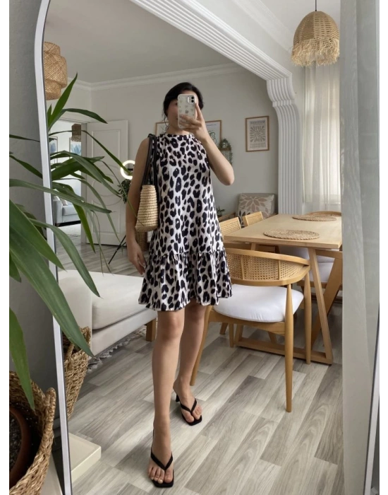 Kadın Kolsuz Sırttan Bağlamalı Fırfırlı Leopar Desenli Süprem Elbise