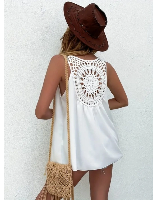 Kadın Kolsuz V Yaka Arkası örgü Güpür Detay Jessika Bluz