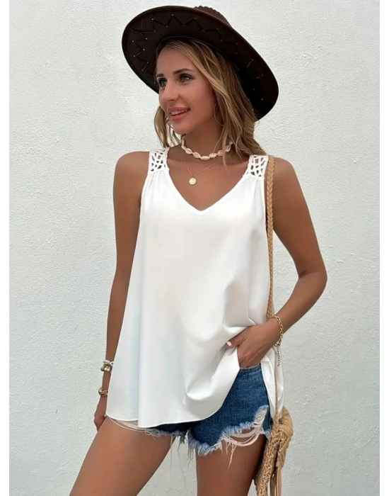 Kadın Kolsuz V Yaka Arkası örgü Güpür Detay Jessika Bluz