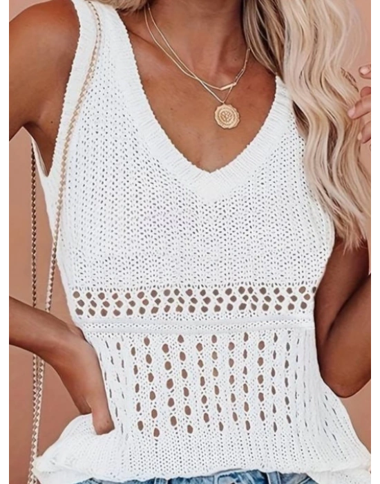 Kadın Kolsuz V Yaka Delikli örme Detay Triko Bluz