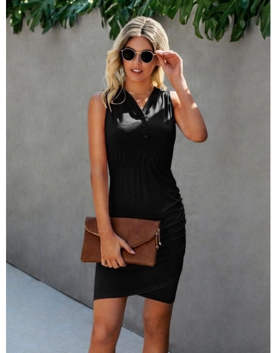 Kadın Kolsuz V Yaka Düğme Detay Beli Lastikli Eteği Kruvaze Viskon Elbise