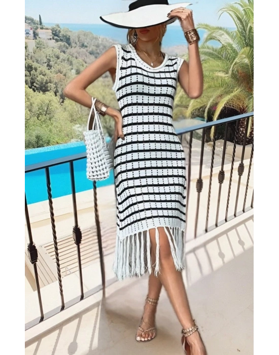 Kadın Kolsuz V Yaka Eteği Püsküllü çizgi Desen Elbise