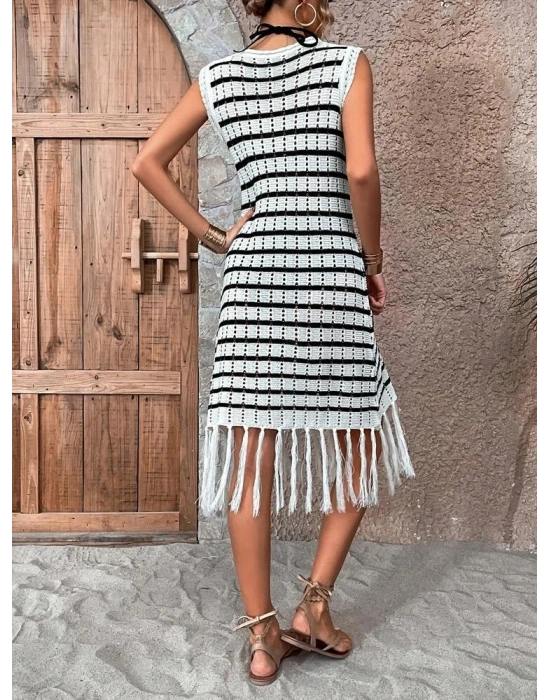Kadın Kolsuz V Yaka Eteği Püsküllü çizgi Desen Elbise